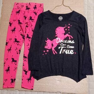 SO Girls PJ set, size 10 black & pink Unicorn w/asymmetrical hem on shirt
